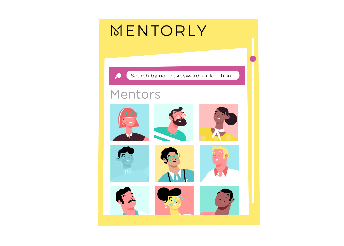 Mentorly mentor matching - diverse illustrated avatars representing mentors in Mentorly&apos;s AI-powered mentorship platform