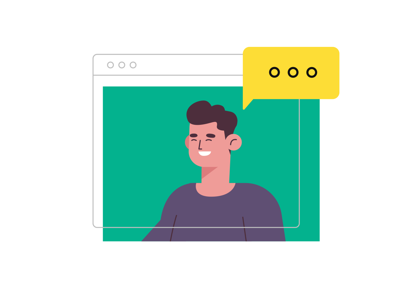 Mentorly virtual mentorship platform - Cartoon illustration of smiling man in conversation on computer screen