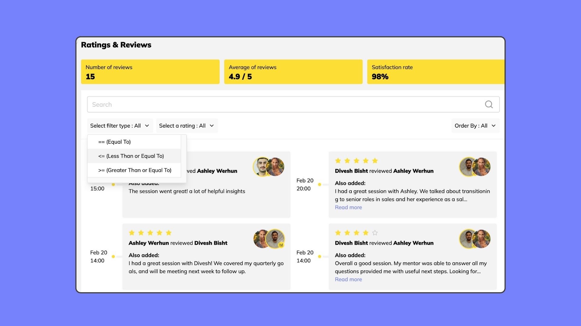 Mentorly mentorship platform - screenshot of mentor reviews and ratings
